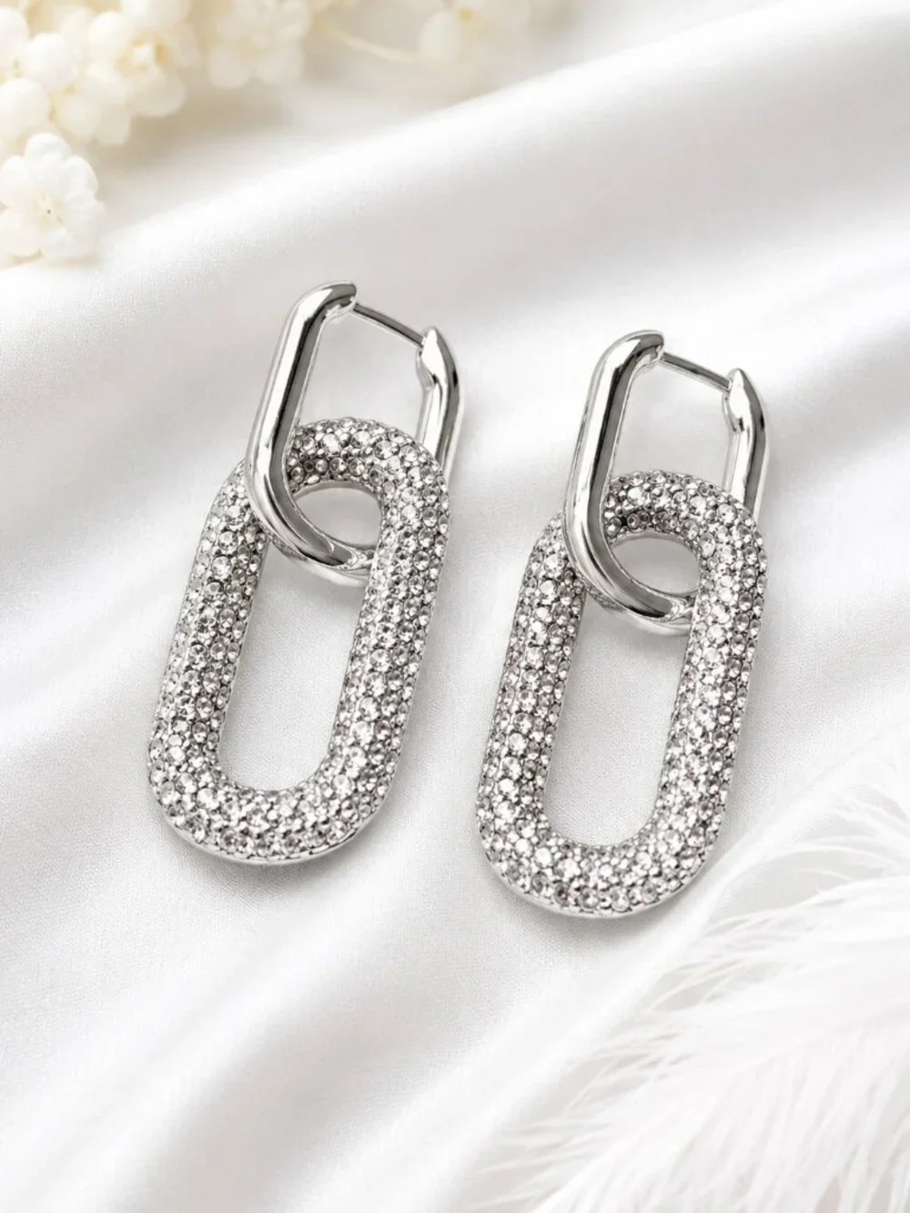 Silver Pavé Link Drop Earrings Crystal Statement Earrings